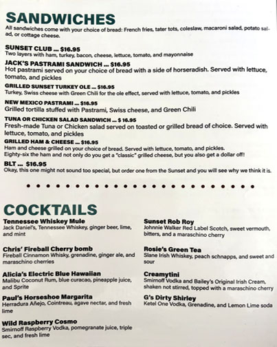Sunset Grille and Bar Center Back Menu