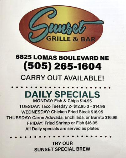 Sunset Grille and Bar Cover Menu