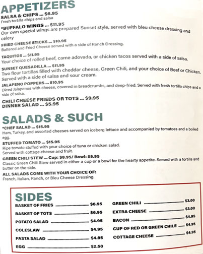 Sunset Grille and Bar Left Menu
