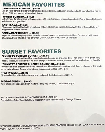 Sunset Grille and Bar Center Right Menu
